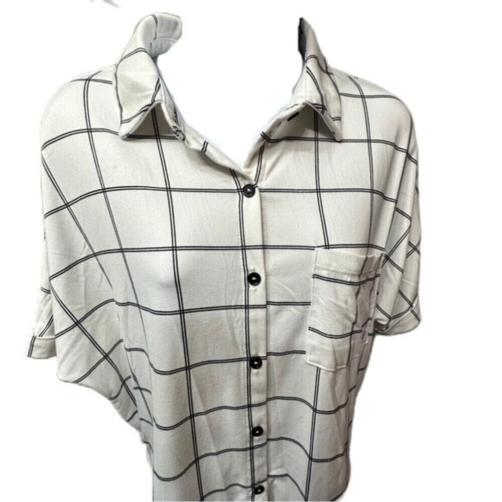 Sweet Rain Button Down Black&White Plaid Striped Size Medium Blouse Top - Picture 5 of 12